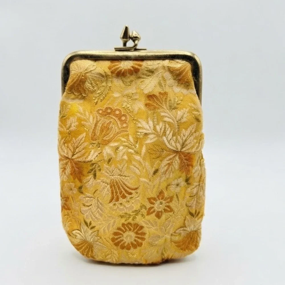 Vintage Gold Floral Brocade Kiss Lock Coin Purse Small Jewelry Pouch Brass Clasp